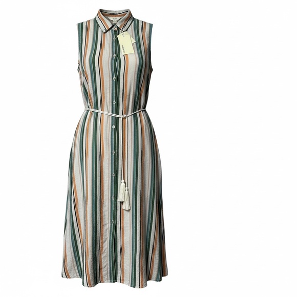 The Korner Dresses & Skirts - The Korner Sleeveless Stripe Shirt Dress Women’s L Beige Green Button Front NWT